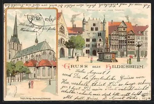 Lithographie Hildesheim, Andreas-Kirche, Templerhaus und Haus Wedekind