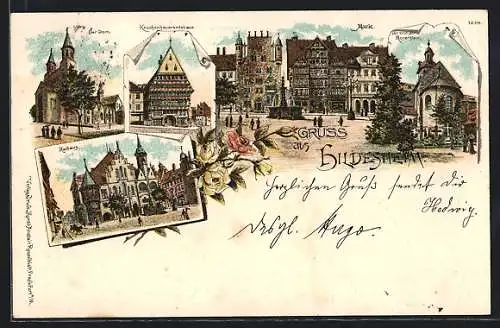 Lithographie Hildesheim, Dom, Knochenhaueramtshaus, Rathaus, Markt