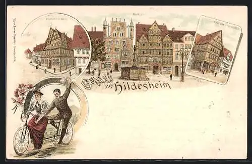 Lithographie Hildesheim, Altdeutsches Haus, Marktplatz und Haus am Andreasplatz