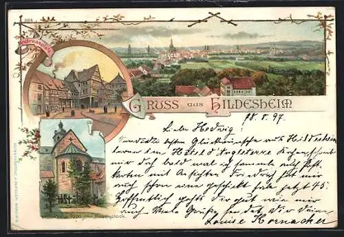 Lithographie Hildesheim, Panorama, Andreasplatz, 1000jähr.Rosenstock
