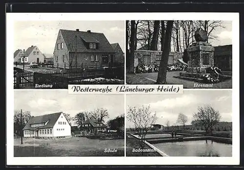 AK Westerweyhe /Uelzen, Siedlung, Ehrenmal, Schule, Badeanstalt