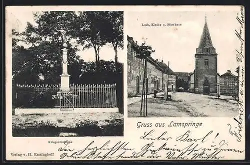 AK Lamspringe, Kriegerdenkmal, Luth. Kirche und Pfarrhaus