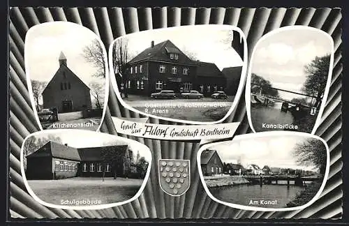 Passepartout-AK Adorf-Bentheim, Kirchenansicht, Schulgebäude, Am Kanal