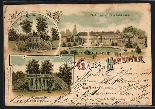 Lithographie Hannover, Grotte, Herrenhausen, Cascade