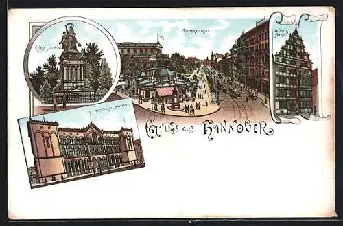 Lithographie Hannover, Provinzial-Museum, Krieger-Denkmal, Georgstrasse, Leibniz-Haus