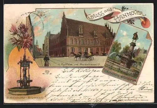 Lithographie Hannover, Rathaus und Marktstrasse, Holzmarkt-Brunnen