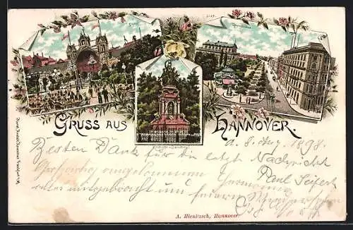 Lithographie Hannover, Krieger-Denkmal, Georgstrasse, Tivoli