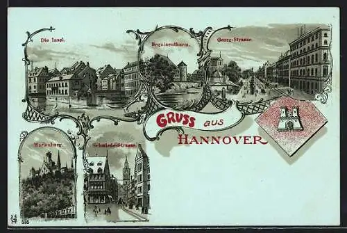 Mondschein-Lithographie Hannover, Marienburg, Beguinenturm, Georg-Strasse, Marienburg, Schmiede-Strasse