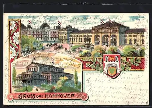 Lithographie Hannover, Bahnhof, Hoftheater, Post, Wappen