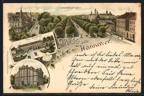 Lithographie Hannover, Herrenhauser Allee, Schloss Herrenhausen, Palmenhaus