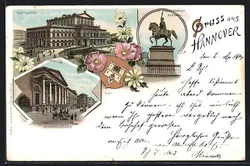Lithographie Hannover, Hoftheater, Ernst-August-Denkmal, Residenzschloss