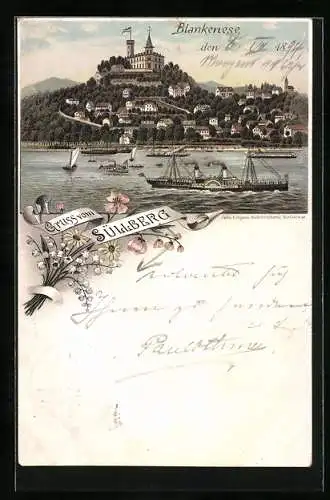 Vorläufer-Lithographie Hamburg-Blankenese, 1894, Dampfer passieren den Süllberg