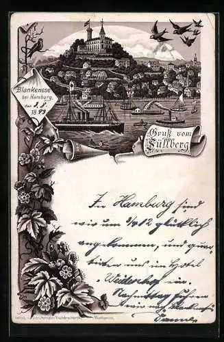 Vorläufer-Lithographie Hamburg-Blankenese, 1893, Süllberg von der Elbe betrachtet, Dampfer