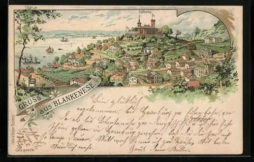 Vorläufer-Lithographie Hamburg-Blankenese, 1894, Panoramablick auf Süllberg und Elbe