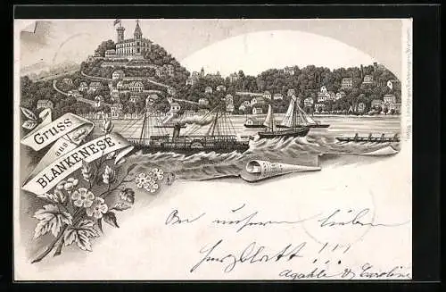 Vorläufer-Lithographie Hamburg-Blankenese, 1891, Dampfer auf der Elbe, Blick zum Süllberg