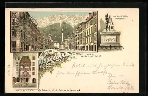 Vorläufer-Lithographie Innsbruck, 1895, Goldenes Dach, Andrä Hofer-Monument, Maria Theresienstrasse