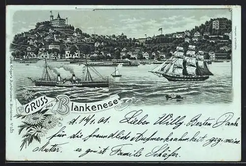 Mondschein-Lithographie Hamburg-Blankenese, Raddampfer und Segelschiff vor der Stadt