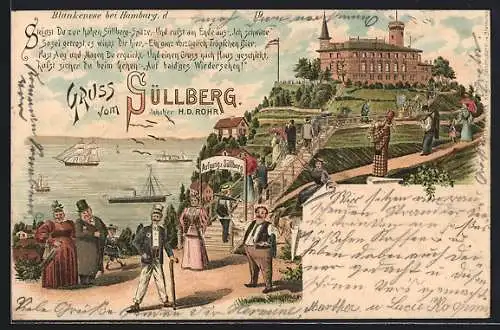 Lithographie Hamburg-Blankenese, das Gasthaus auf dem Süllberg