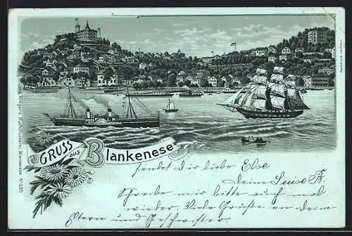 Mondschein-Lithographie Hamburg-Blankenese, Reger Verkehr auf dem Wasser vor der Ortschaft