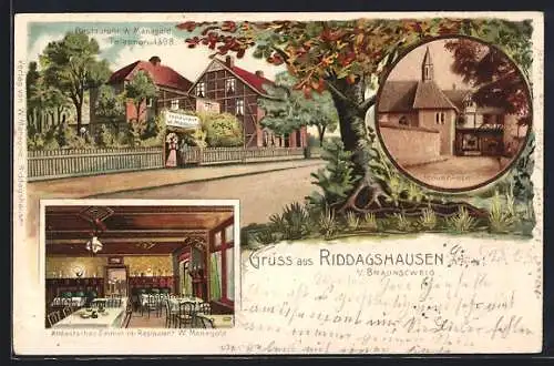 Lithographie Riddagshausen, Restaurant W. Manegold mit Altdeutschem Zimmer, Frauenkapelle