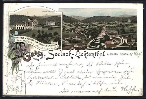 Lithographie Lichtenthal / Baden-Baden, Gasthof und Pension zur Seelach, Panorama mit Kirche