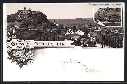 Vorläufer-Lithographie Gerolstein, 1895, Bahnhofsrestaurant J. Flamm, Panorama