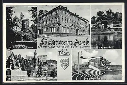 AK Schweinfurt a. Main, Hotel Deutsches Haus, Willy-Sachs-Stadion, Mainpartie