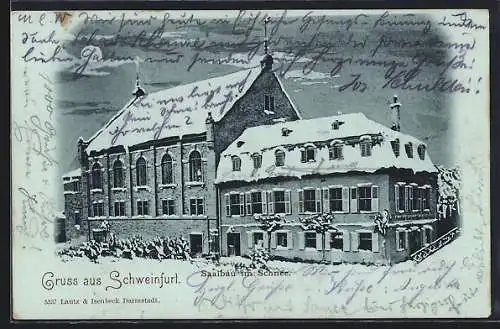 Mondschein-AK Schweinfurt, Saalbau im Schnee