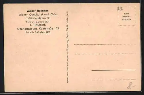 AK Berlin-Charlottenburg, Wiener Konditorei und Cafe Walter Reimann, Kurfürstendamm 35, Terrasse