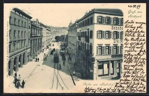 AK Stuttgart, Partie am Bahnhof, mit Bahnhof-Hotel Drei Mohren und Strassenbahn