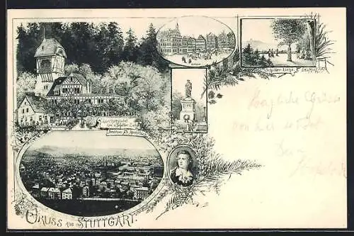 AK Stuttgart, Hotel zur Schiller-Eiche F. Rumetsch mit Garten, Schiller-Denkmal, -Eiche und -Portrait, Ortsansicht