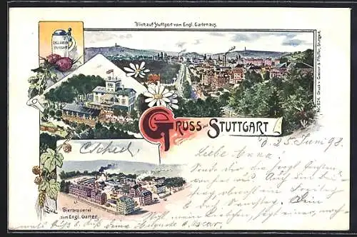 Lithographie Stuttgart, Bierbrauerei zum Engl. Garten, Blick v. Engl. Garten aus