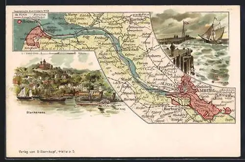 Künstler-AK Hamburg-Blankenese, Ortsansicht mit Segelbooten & Landkarte