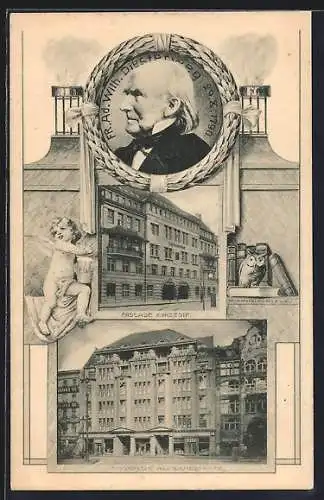 AK Berlin, Portrait Fr. Ad. Wilh. Diesterweg, Eule mit Büchern, Gebäude-Fassaden Alexanderplatz und Kurze Strasse