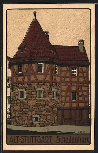 Steindruck-AK Stuttgart, Alt-Stuttgart, Der Schellenturm