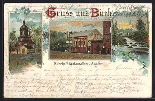 Lithographie Berlin-Buch, Bahnhof`s Restaurant von Aug. Groll, Kirche, Wasserfall