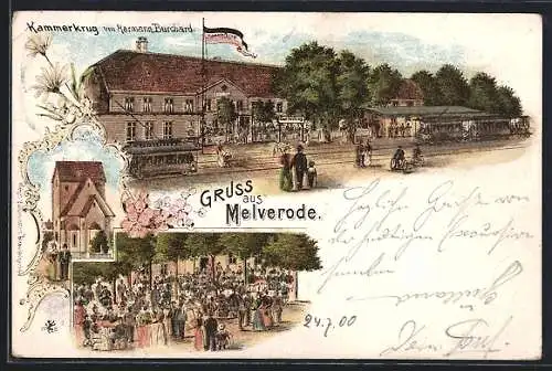 Lithographie Melverode, Gasthaus Kammerkrug von Hermann Burchard, Kirche