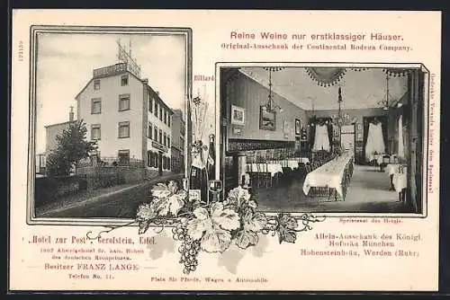 AK Gerolstein /Eifel, Hotel zur Post mit Speisesaal, Wein-Stilleben