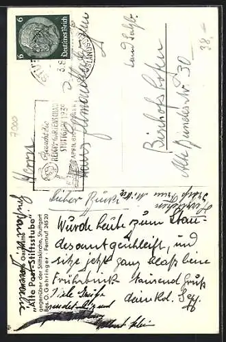 AK Stuttgart, Gasthaus Alte Post-Stiftsstube beleuchtet bei Nacht