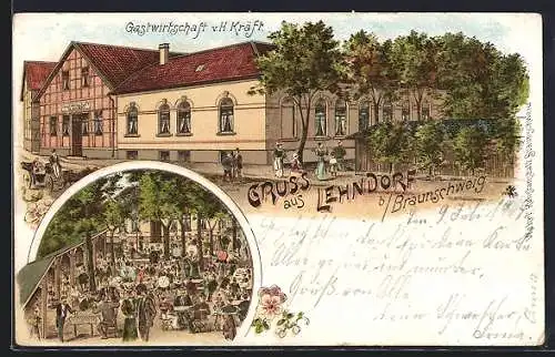 Lithographie Lehndorf b. Braunschweig, Gasthaus v. H. Kräft mit Garten