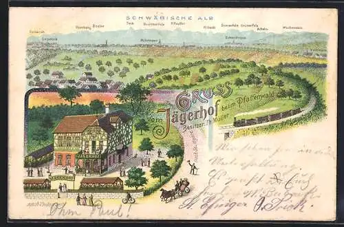 Lithographie Vaihingen / Fildern, Gasthaus Jägerhof beim Pfaffenwald