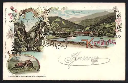 Lithographie Gaming /N.-Oe., Kienberg, Thormäuer und Ortsansicht mit Eisenbahn