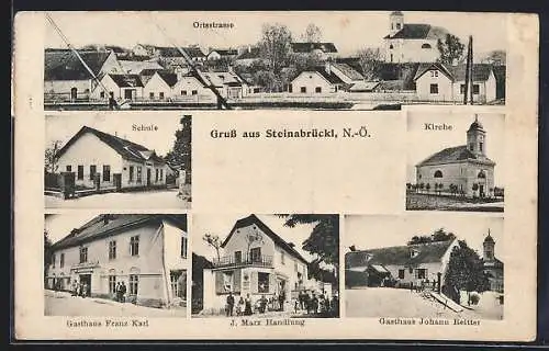 AK Wöllersdorf-Steinabrückl, Steinabrückl, Gasthaus Franz Karl, Handlung J. Marx, Gasthaus Johann Reitter, Kirche