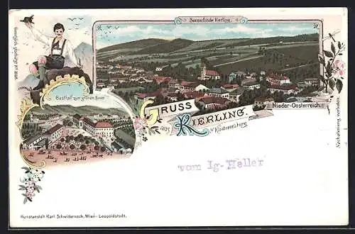 Lithographie Kierling b. Klosterneuburg, Gasthof zum grünen Baum, Teilansicht