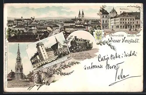 Lithographie Wiener Neustadt, Spinnerin am Kreuz, Rathaus, Militärakademie m. St. Georgskapelle