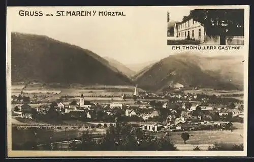 AK St. Marein i. Mürztal, F. M. Thomüllers Gasthof, Ortsansicht aus der Vogelschau