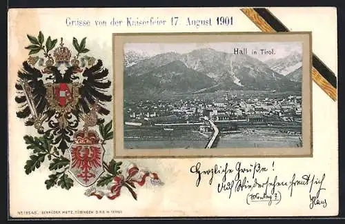 Lithographie Hall in Tirol, Ortsansicht aus der Vogelschau, Wappen