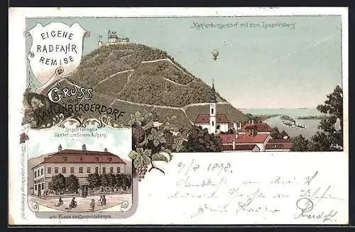 Lithographie Kahlenbergerdorf, Leopold Fellingers Gasthof zum Sonnenaufgang, Leopoldsberg