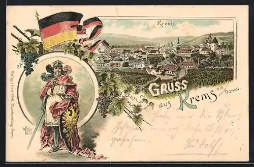 Lithographie Krems a. d. Donau, Ortsansicht mit Ritter in Rüstung und Schild