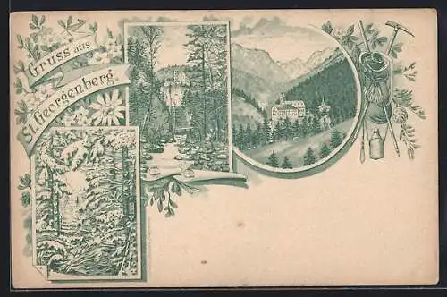 Lithographie Stans /Tirol, Kloster St. Georgenberg, Bergsteigerausrüstung